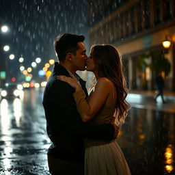 A beautiful couple kissing passionately in the rain at night