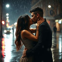 A beautiful couple kissing passionately in the rain at night