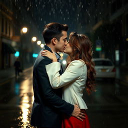 A beautiful couple kissing passionately in the rain at night