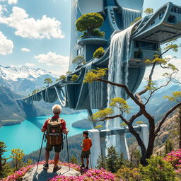 A close-up scene featuring an architect with light hair and Krishna, standing with their back to us, leaning on trekking poles on a flower-covered rock