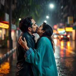 A mature, handsome Indian man and a beautiful Indian woman kissing passionately in the rain at night