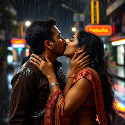 A mature, handsome Indian man and a beautiful Indian woman kissing passionately in the rain at night