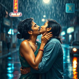 A mature, handsome Indian man and a beautiful Indian woman kissing passionately in the rain at night