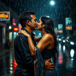 A mature, handsome Indian man and a beautiful Indian woman kissing passionately in the rain at night