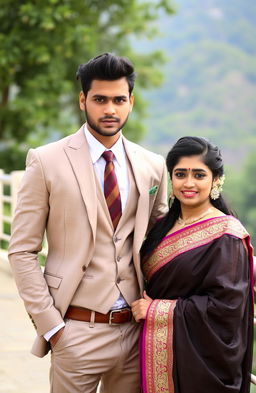 A handsome man with sharp, chiseled features, dressed in a stylish suit, exuding confidence and charisma, standing beside a beautiful Indian woman with stunning, radiant features, wearing an elegant traditional saree, surrounded by a picturesque background, showcasing the blend of modern elegance and traditional beauty