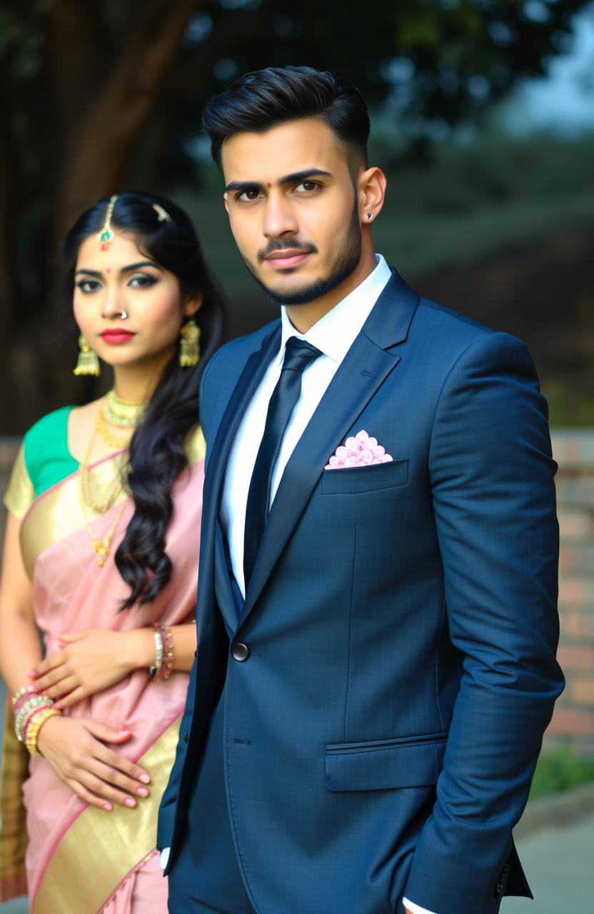 A handsome man with sharp, chiseled features, dressed in a stylish suit, exuding confidence and charisma, standing beside a beautiful Indian woman with stunning, radiant features, wearing an elegant traditional saree, surrounded by a picturesque background, showcasing the blend of modern elegance and traditional beauty