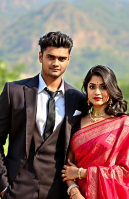 A handsome man with sharp, chiseled features, dressed in a stylish suit, exuding confidence and charisma, standing beside a beautiful Indian woman with stunning, radiant features, wearing an elegant traditional saree, surrounded by a picturesque background, showcasing the blend of modern elegance and traditional beauty