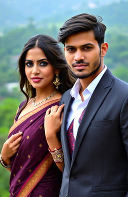 A handsome man with sharp, chiseled features, dressed in a stylish suit, exuding confidence and charisma, standing beside a beautiful Indian woman with stunning, radiant features, wearing an elegant traditional saree, surrounded by a picturesque background, showcasing the blend of modern elegance and traditional beauty