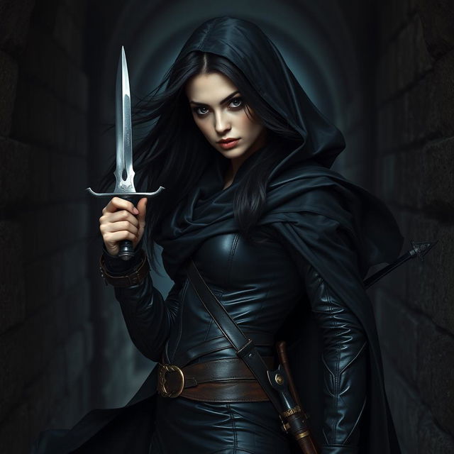 A mysterious female vampire rogue with dark, long hair flowing gracefully around her pale face