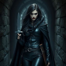 A mysterious female vampire rogue with dark, long hair flowing gracefully around her pale face