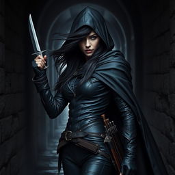 A mysterious female vampire rogue with dark, long hair flowing gracefully around her pale face