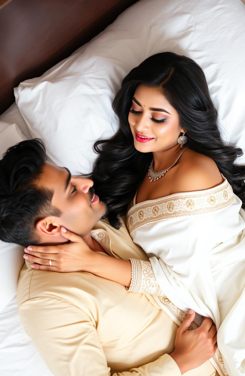 A romantic moment between an Indian couple, showcasing a mature, handsome man lying on a bed, exuding confidence and charm, with a well-groomed appearance