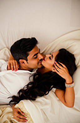 A romantic moment between an Indian couple, showcasing a mature, handsome man lying on a bed, exuding confidence and charm, with a well-groomed appearance