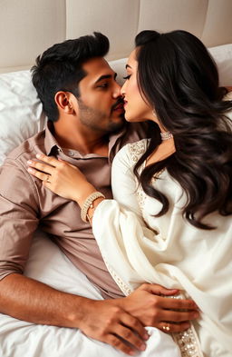 A romantic moment between an Indian couple, showcasing a mature, handsome man lying on a bed, exuding confidence and charm, with a well-groomed appearance