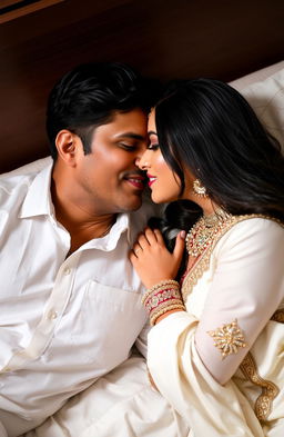 A romantic moment between an Indian couple, showcasing a mature, handsome man lying on a bed, exuding confidence and charm, with a well-groomed appearance