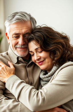 A mature, handsome man and a beautiful woman in an intimate embrace, symbolizing emotional stability and warmth