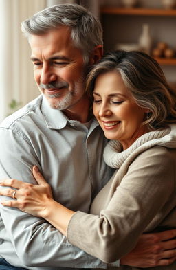 A mature, handsome man and a beautiful woman in an intimate embrace, symbolizing emotional stability and warmth