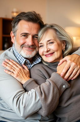 A mature, handsome man and a beautiful woman in an intimate embrace, symbolizing emotional stability and warmth