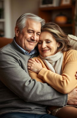 A mature, handsome man and a beautiful woman in an intimate embrace, symbolizing emotional stability and warmth