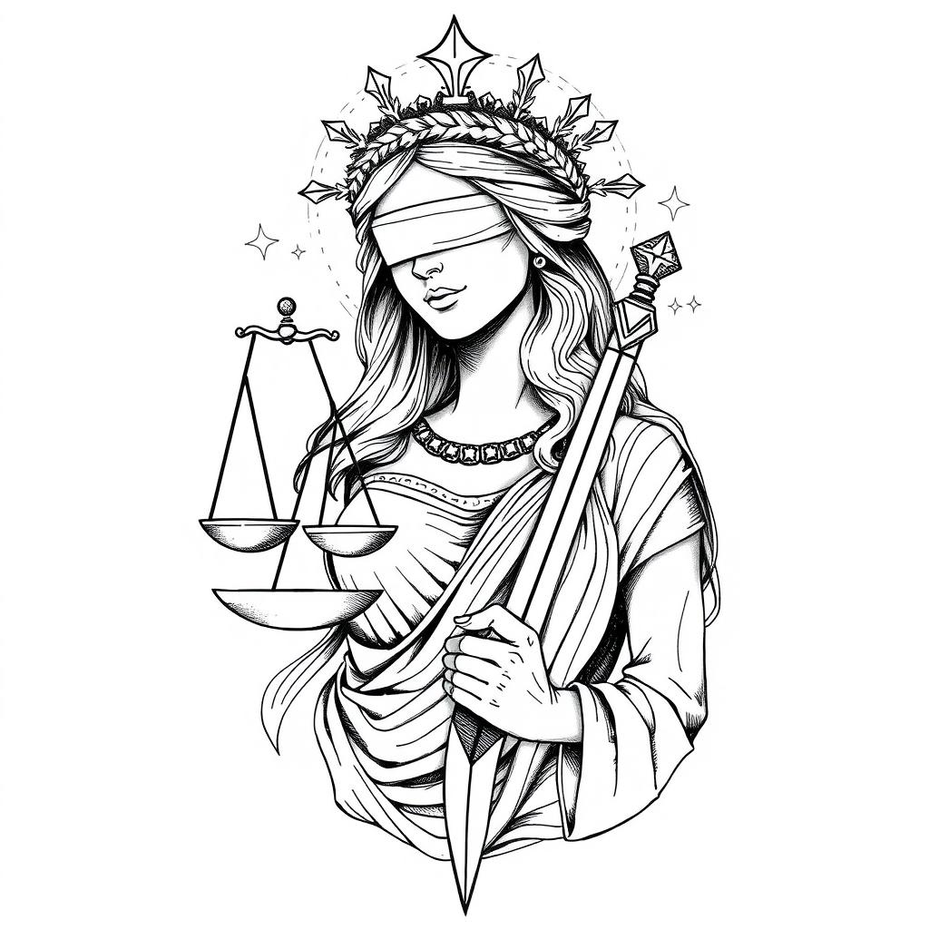 Themis, the goddess of justice, depicted in an intricate sketch tattoo style