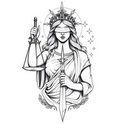 Themis, the goddess of justice, depicted in an intricate sketch tattoo style