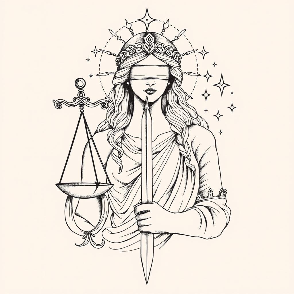 Themis, the goddess of justice, depicted in an intricate sketch tattoo style