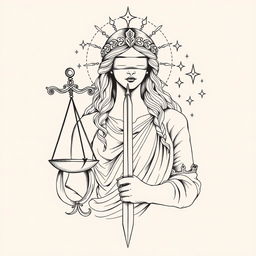 Themis, the goddess of justice, depicted in an intricate sketch tattoo style