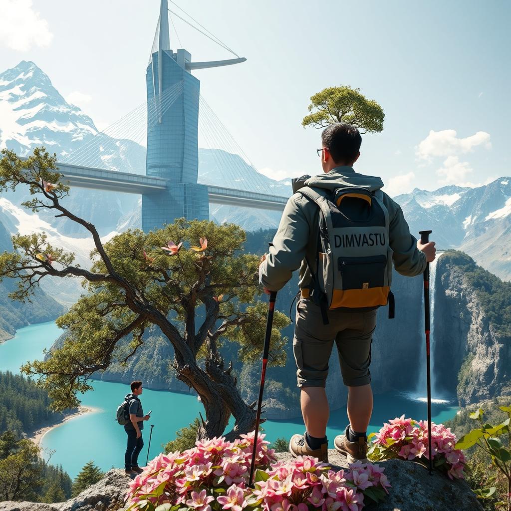 A close-up scene of an architect standing on a flower-covered rock, using trekking poles