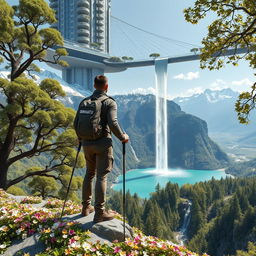 A close-up scene of an architect standing on a flower-covered rock, using trekking poles