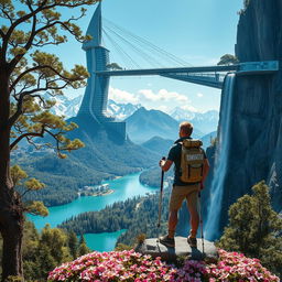 A close-up scene of an architect standing on a flower-covered rock, using trekking poles