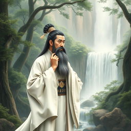 In an ancient Chinese forest, a Tang Dynasty poet stands in front of a waterfall, thoughtfully stroking his long beard