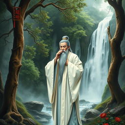 In an ancient Chinese forest, a Tang Dynasty poet stands in front of a waterfall, thoughtfully stroking his long beard