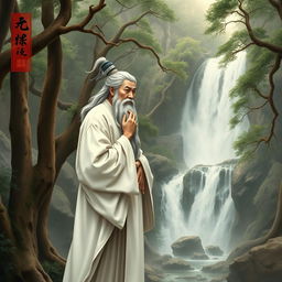 In an ancient Chinese forest, a Tang Dynasty poet stands in front of a waterfall, thoughtfully stroking his long beard