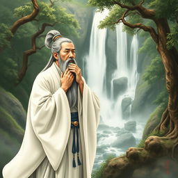 In an ancient Chinese forest, a Tang Dynasty poet stands in front of a waterfall, thoughtfully stroking his long beard