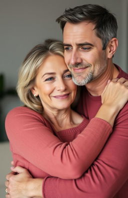 A mature, handsome man and a beautiful woman embrace intimately, exuding a sense of emotional stability and warmth