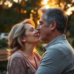 A beautiful mature woman and a handsome mature man sharing a passionate kiss, with their eyes gently closed, surrounded by a soft, romantic glow