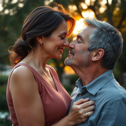 A beautiful mature woman and a handsome mature man sharing a passionate kiss, with their eyes gently closed, surrounded by a soft, romantic glow