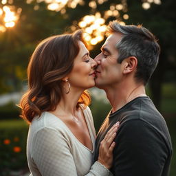 A beautiful mature woman and a handsome mature man sharing a passionate kiss, with their eyes gently closed, surrounded by a soft, romantic glow