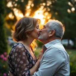 A beautiful mature woman and a handsome mature man sharing a passionate kiss, with their eyes gently closed, surrounded by a soft, romantic glow