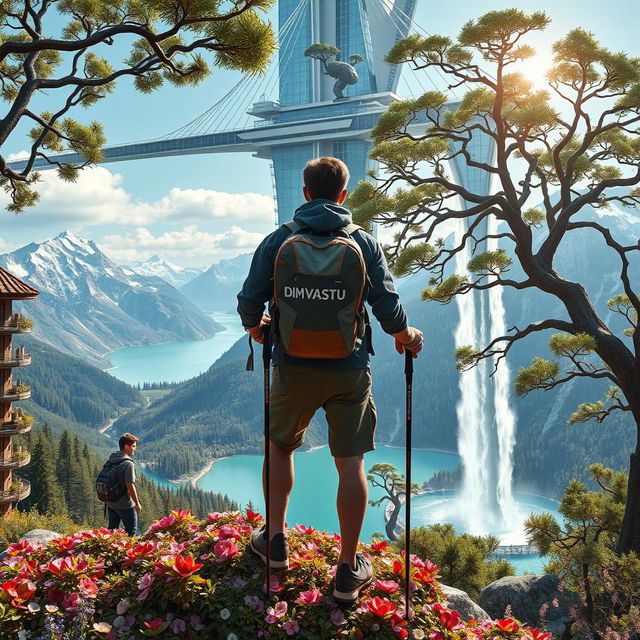 A close-up scene of an architect standing on a flower-covered rock, using trekking poles