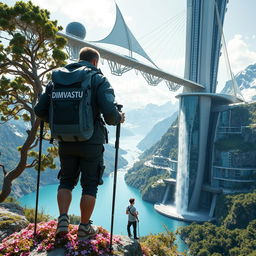 A close-up scene of an architect standing on a flower-covered rock, using trekking poles