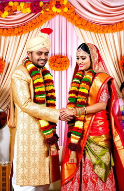 An Indian couple in a traditional wedding ceremony, showcasing the moment they exchange garlands as a symbol of their marriage