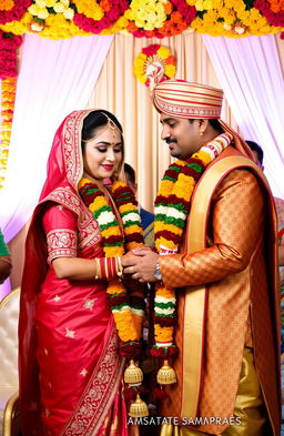 An Indian couple in a traditional wedding ceremony, showcasing the moment they exchange garlands as a symbol of their marriage