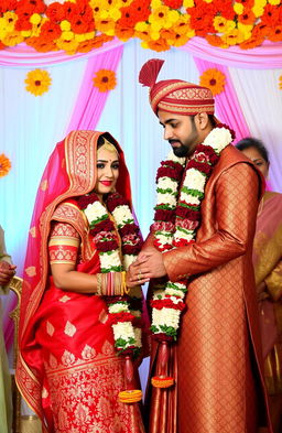 An Indian couple in a traditional wedding ceremony, showcasing the moment they exchange garlands as a symbol of their marriage