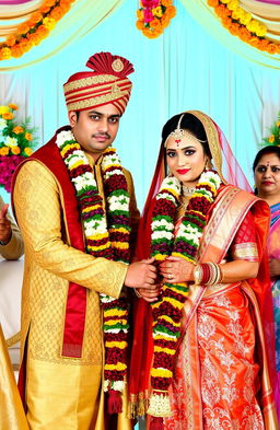 An Indian couple in a traditional wedding ceremony, showcasing the moment they exchange garlands as a symbol of their marriage