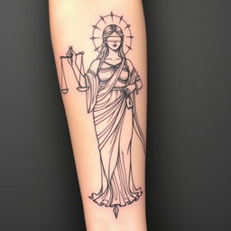 A sketch tattoo design of the goddess Themis, portrayed with strong lines and shading to emphasize her form