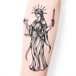 A sketch tattoo design of the goddess Themis, portrayed with strong lines and shading to emphasize her form