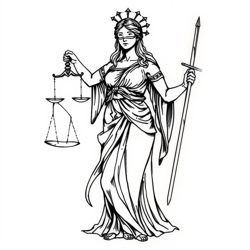 A sketch tattoo design of the goddess Themis, portrayed with strong lines and shading to emphasize her form