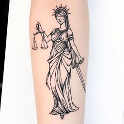 A sketch tattoo design of the goddess Themis, portrayed with strong lines and shading to emphasize her form