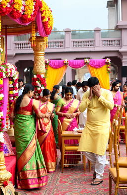 A vibrant and colorful scene of an Indian wedding arrangement, capturing the essence of traditional Indian culture